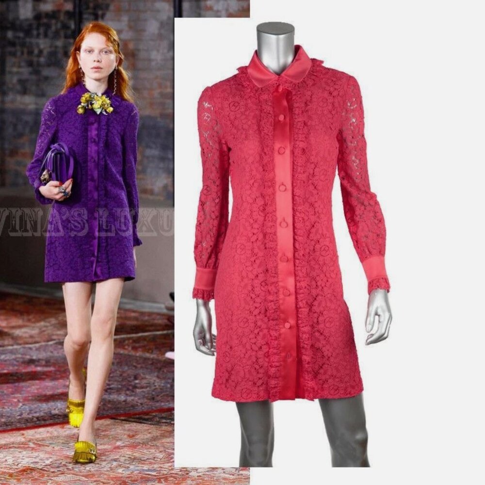 GUCCI SHIRT DRESS RUFFLE DETAIL RED CORAL COTTON CLUNY LACE sz IT 40 US 4